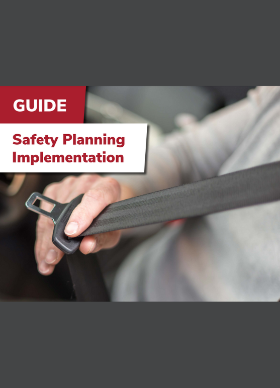 Person fastening a seatbelt with a text overlay: "Guide: Safety Planning Implementation.